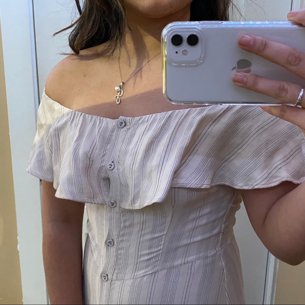 Pinstripe off the shoulder dress